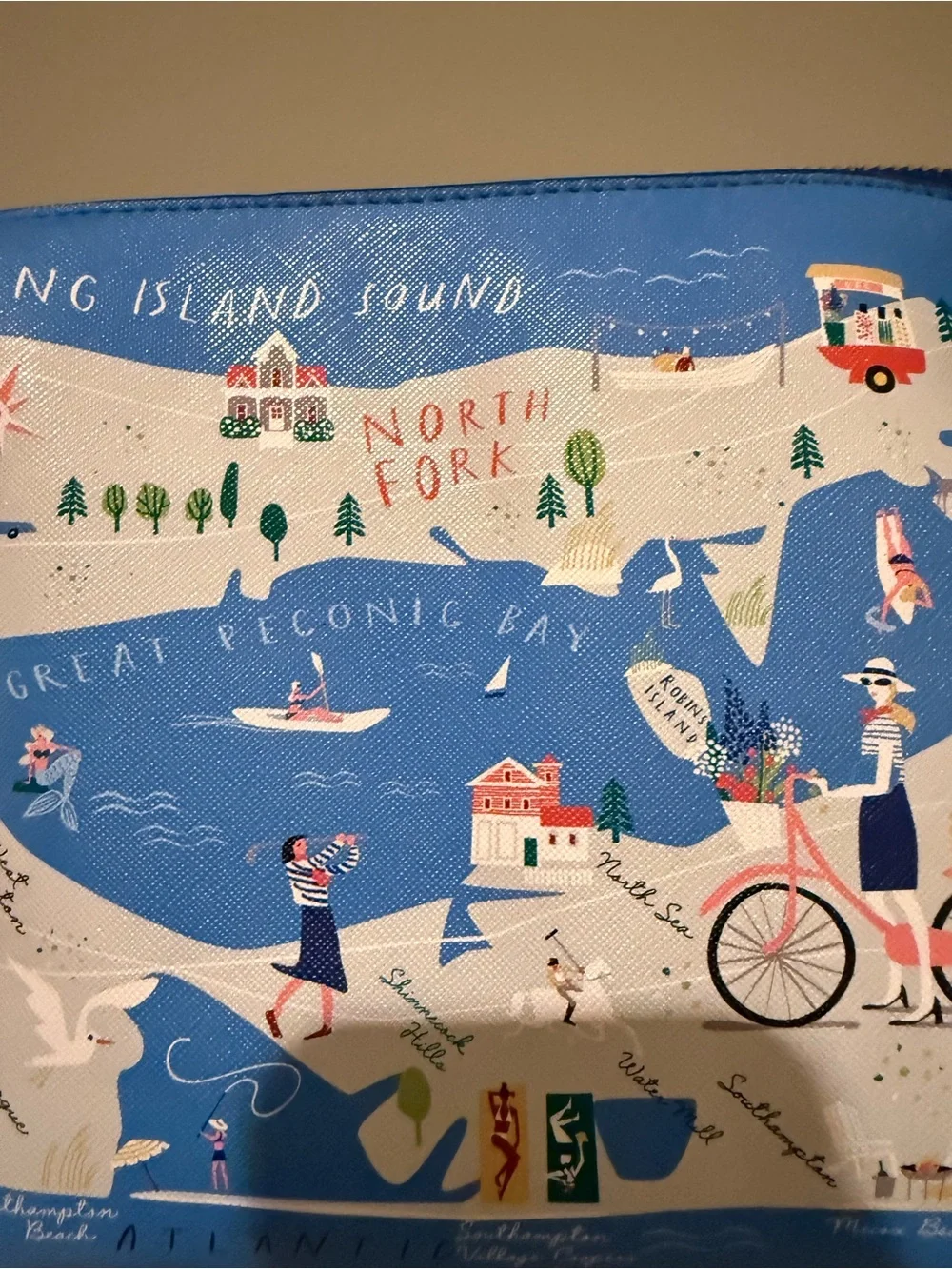 Spartina 449 Blue Coastal Map Cosmetic Pouch with Tan Zip Pull